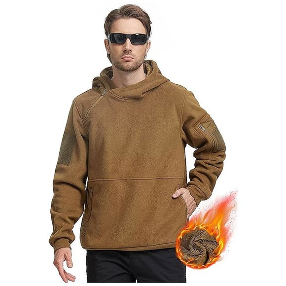 Men's Tactical Winter Fleece Pullover Hoodie Warm Long Fleece lined Brown - Picture 1 of 6